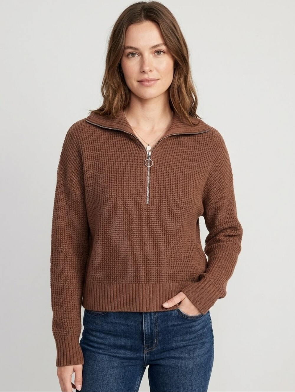 William Rast Brown Waffle Knit Half Zip Pullover Sweater Medium
